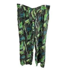 APNY Leaf Print Crop Pant Women XL Green Sustainable Cotton Pull On Wide Leg